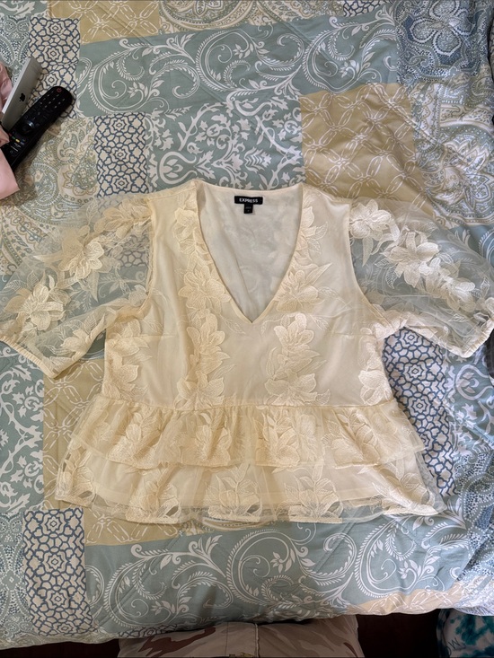 Express Tops - Express Cream Lace Ruffle V-Neck Blouse, USED